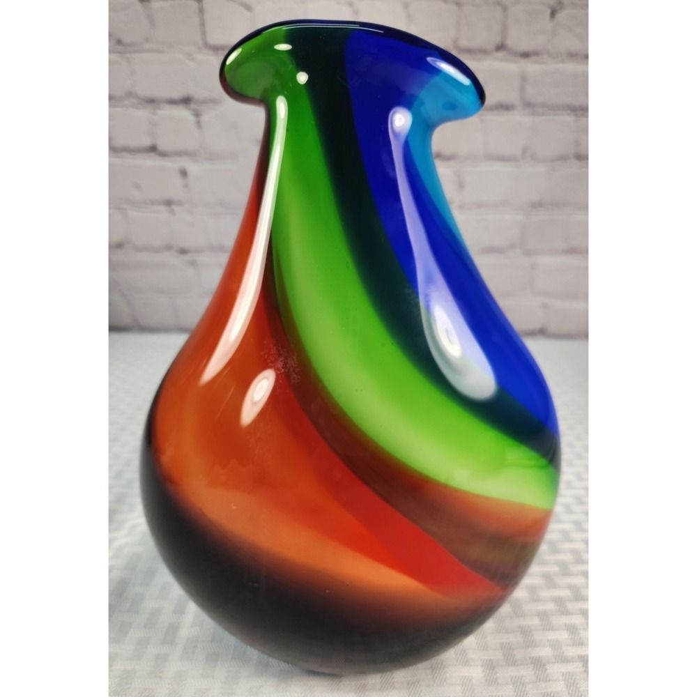 Vintage Murano Cased Art Blown Glass Vase Vibrant Colors Different On Other Side